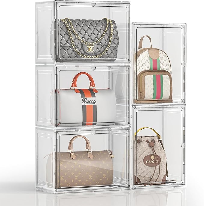 5 Pack Purse Organizer for Closet, Handbag Storage Organizer Stackable Display Case with Magnetic Door, Closet Storage Bins for Handbag, Purse, Backpack, Collectibles, White