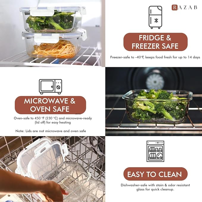 Razab 2 PC 1200ML / 41 Oz Glass Food Storage Containers with Lids - Airtight & Leakproof - Microwave/Oven/Freezer Safe - BPA Free - Ideal for Meal Prep, Storing Leftover & Lunch