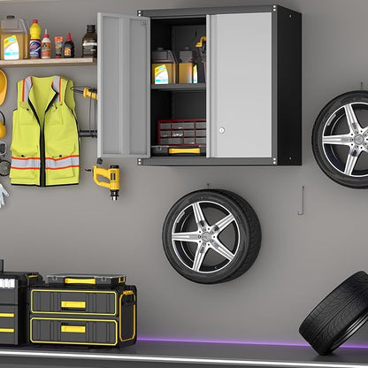 Garage Storage Cabinet,Garage Cabinets with 2 Doors.Locking Wall Cabinet with Adjustable Shelf,Wall Cabinets for Basement,Shop,School,Grey-Black