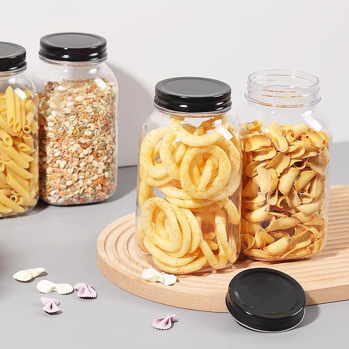 OMNISAFE 32 Ounce Clear Plastic Mason Jars With Screw On Lid, Reusable Empty Jars for Food Storage, Round BPA Free Containers for Sealing, Dry Food, Snacks, Candies, Breakage-proof, (Black - 6 Pack)