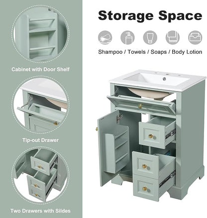 24'' Bathroom Vanity with Sink, MDF & Pinewood Construction, 3 Drawers & Cabinet with 2-Tier Door Storage Rack, Soft-Close Door & Drawers, Modern Design for Small to Medium Bathrooms, Green