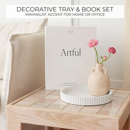 Decorative Concrete Tray & Book Decor Set - Scalloped Tray & Linen Box Enhance Your Coffee Table or Bookshelf Decor - Stylish Home Decoration for Your Living or Dining Room & as a Housewarming Gift