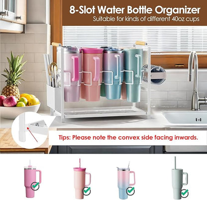 Housolution Water Bottle Organizer Drying Rack for 40 oz Tumbler with Handle, Multifunctional Cup Storage Holder Compatible with Stanley, Owala, Simple Modern and Other Brands, White (Patented)