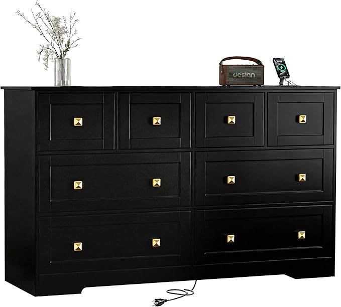 Dresser for Bedroom with Power Outlets Wide Chest of Drawers with 8 Drawers Modern Wooden Dressers with Metal Handle Large Closet Store Organizer for Bedroom Living Room Hallway Closet Black