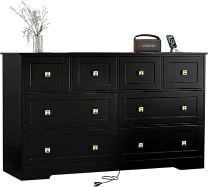 Dresser for Bedroom with Power Outlets Wide Chest of Drawers with 8 Drawers Modern Wooden Dressers with Metal Handle Large Closet Store Organizer for Bedroom Living Room Hallway Closet Black
