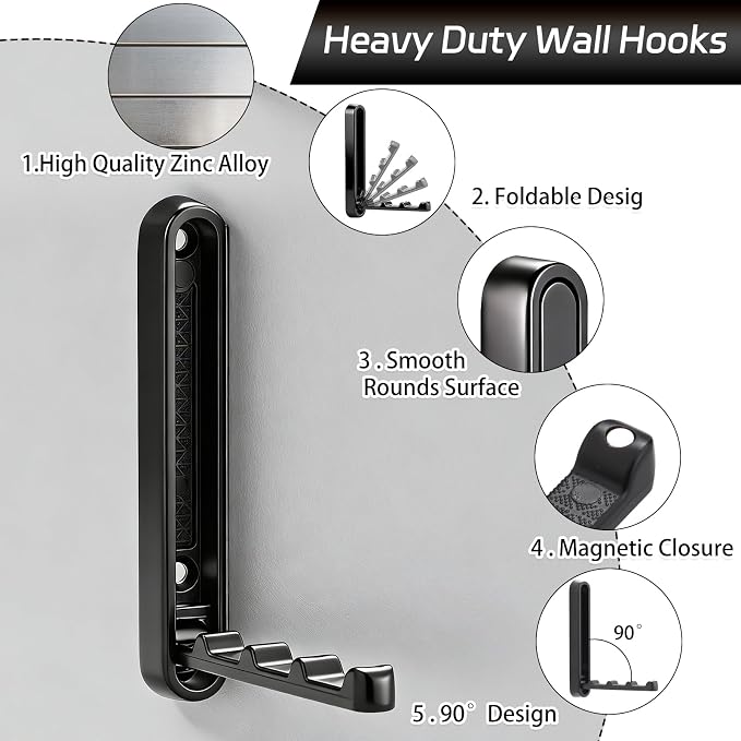 Dntorx 2 Pcs Extended Folding Coat Hooks Wall Mounted, 4.33 in Black Foldable Wall Hooks Heavy Duty Valet RV Hooks Bathroom Towel Hooks Robe Hooks for Hanging Towels Clothes Coat Hat Bags