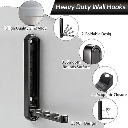 Dntorx 2 Pcs Extended Folding Coat Hooks Wall Mounted, 4.33 in Black Foldable Wall Hooks Heavy Duty Valet RV Hooks Bathroom Towel Hooks Robe Hooks for Hanging Towels Clothes Coat Hat Bags