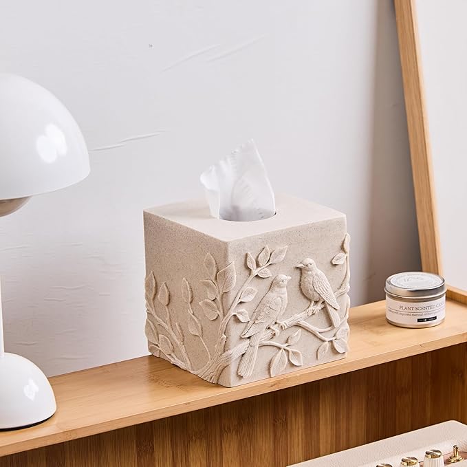 Beige Sandstone Relief Birds Square Tissue Box Cover Decorative,Resin Heavy Sturdy Tissue Box Holder, Facial Paper Holder for Bathroom Vanity Countertop, Bedroom Night Stand,Office and End Table
