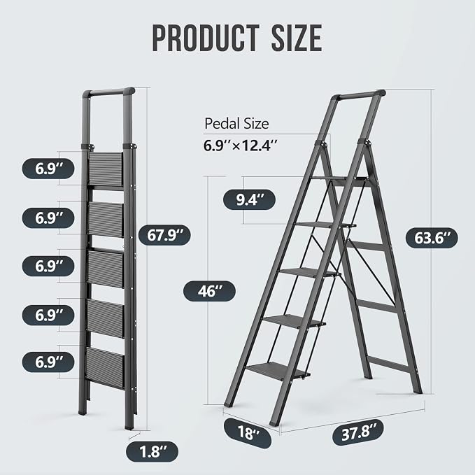 WOA WOA 5 Step Ladder, Ladders for Home, Anti-Slip Pedals, Step Stool Foldable, Lightweight to Move, Ease of Storage, Reach 10ft for Closet Kitchen Library, Hold 300lbs - Black