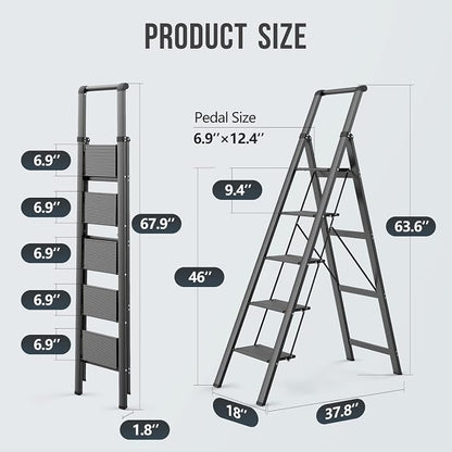 WOA WOA 5 Step Ladder, Ladders for Home, Anti-Slip Pedals, Step Stool Foldable, Lightweight to Move, Ease of Storage, Reach 10ft for Closet Kitchen Library, Hold 300lbs - Black