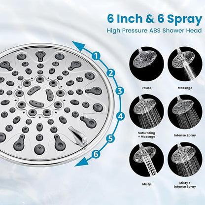 gotonovo Shower Faucet Set Bathroom Shower Head and Handle Set Complete 6 Settings 6 inch Rainfall Shower Head Kit High Pressure Shower System Combo Shower Trim Kit with Valve Polished Chrome