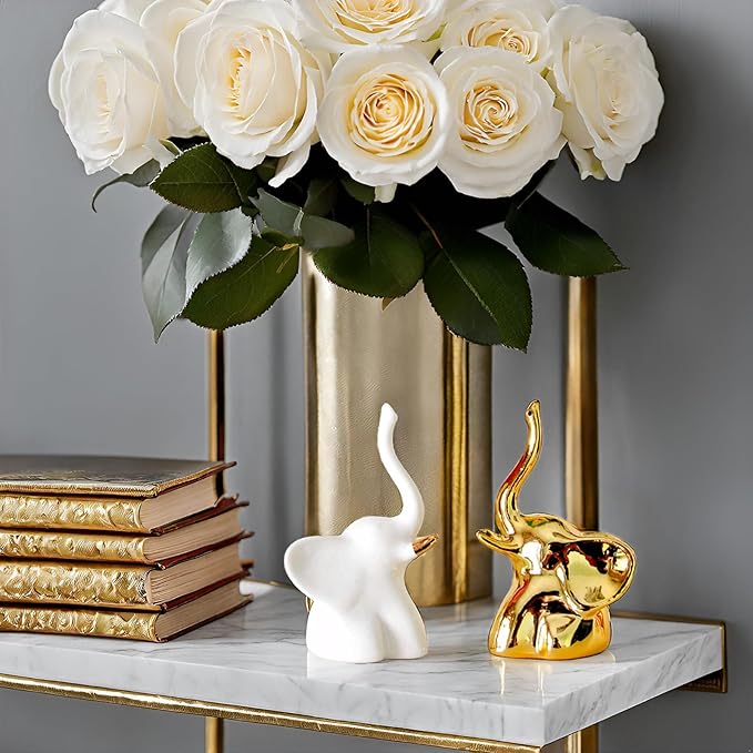 Home Decor Elephant Statues,1 Pair, Small Decorative Accents for Shelves, Livingroom and Bedroom, Gold and White