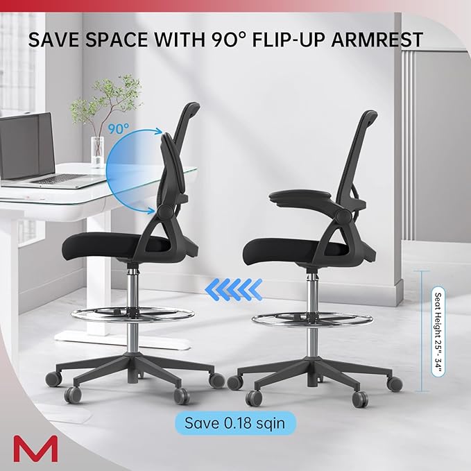 Drafting Chair for Standing Desk with Locking Casters, Tall Office Chair with Foot Ring, High Back Ergonomic Drafting Stool, Flip-Up Arms, Adjustable Lumbar Support, 300 Lbs Capacity