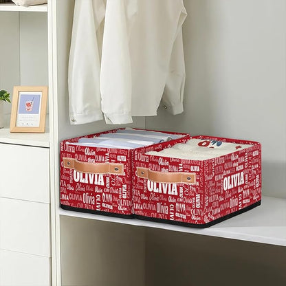 Personalized Small Kids Toys Box with Name, Custom Solid Red Nursery Baskets, Women Makeup Organization Custom Storage Toilet Paper Organizer