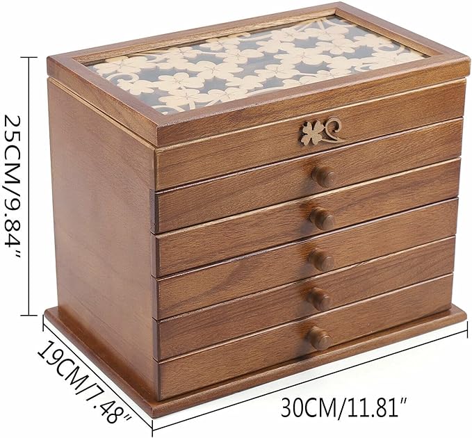 6-layer Jewelry Box Organizer, Lucky Four Leaf Clover Rustic Wooden Jewelry Boxes & Organizers,Jewelry Storage for Rings Earrings Necklaces Bracelets Christmas New Year Gift