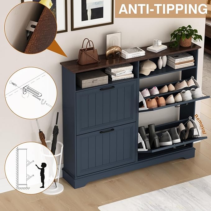 Shoe Storage Cabinet with 4 Flip Drawers, Farmhouse Modern Hidden Shoes Rack Cabinet with Adjustable Shelves & Open Storage, Narrow Slim Shoe Organizer for Front Door Entrance, Entryway, Navy Blue