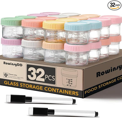 RowinsyDD 32-Pack Leakproof 4oz Glass Baby Food Jars With Lids - BPA Free, Freezer & Microwave Safe