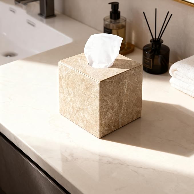 N NANSHOP Natural Marble Tissue Box Holder Cover, Square Cube Tissue Box Holder with Open Bottom for Bathroom Vanity Tops, Bedroom Dressers, Kitchen Countertop, Light Brown (NS042)