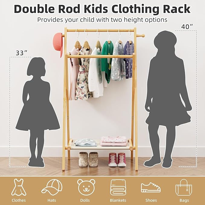Kids Clothing Rack, Small Clothes Rack for Toddler Pets, Kids Dress Up Rack with Storage Shelf & Double Rods, Foldable Kids Clothes Rack for Nursery Child's Room (Small Size)