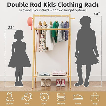 Kids Clothing Rack, Small Clothes Rack for Toddler Pets, Kids Dress Up Rack with Storage Shelf & Double Rods, Foldable Kids Clothes Rack for Nursery Child's Room (Small Size)