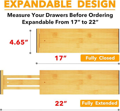 SpaceAid Bamboo 4 Pack Dresser Drawer Dividers, 4.65“ High Adjustable 17“-22” Drawer Organizers, Expandable Organization for Clothing, Clothes, Dressers, Natural