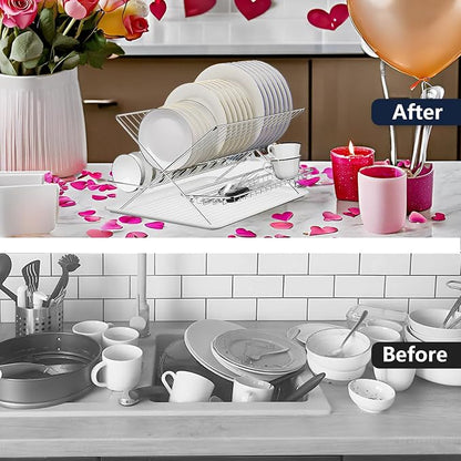 Stainless Steel Foldable Dish Drying Rack, 2 Tier Collapsible Kitchen Rack for Counter, Large Capacity Expandable Dish Drainer Rust Proof