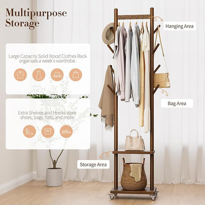 Yoobure Solid Wood Coat Rack Freestanding - Rolling Clothes Rack with 8 Hooks & Shelves, Small Clothing Rack with Wheels, Heavy Duty Clothing Racks for Hanging Clothes, Portable Hall Tree for Entryway