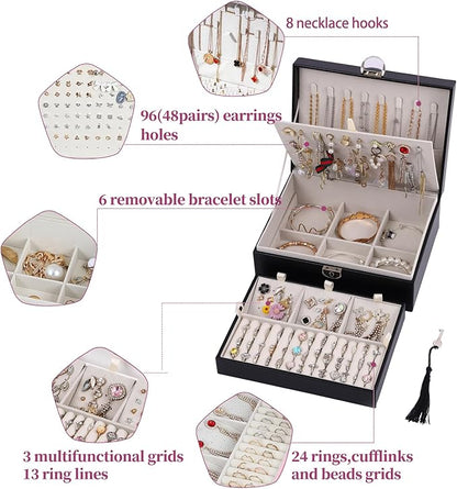 BOOVO Earring Jewelry Box For Women Girl Stud Organizer, 4 Layers Girl Jewelry Organizer Box With Lock Earring Holder Organizer Necklace Ring Jewelry Organizer Box For Girls (Black, 4 layer)