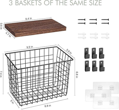 Wall Hanging Baskets 3 Pack, Diversified Wire Basket Shelves of Wooden Style, with Wall Mounted Hooks & Traceless Stickers, for Kitchen Coffee Bar Office Room Garage Storage Organization (Large)