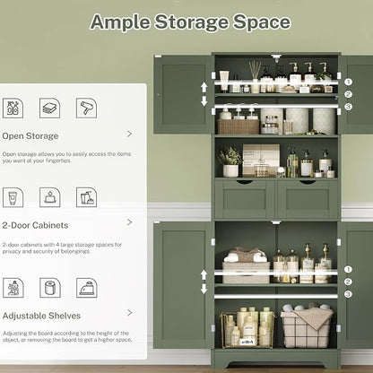 TEENFON 57.8" H Tall Bathroom Storage Cabinet with 2 Drawers & 2 Adjustable Shelves, Floor Cabinet with 4 Doors, Tall Cabinet for Living Room, Dining Room, Entryway, Forest Green