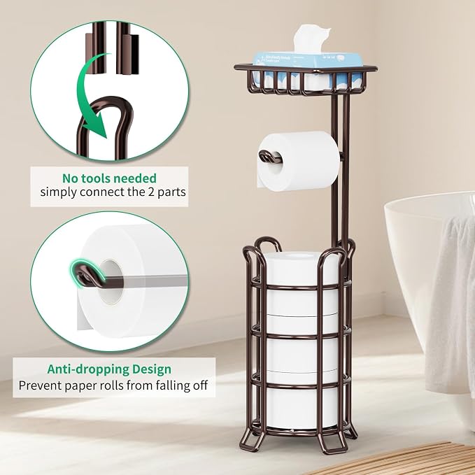 TomCare Toilet Paper Holder Upgraded Toilet Paper Stand with 4 Raised Feet Metal Free Standing Tissue Paper Roll Dispenser with Storage Shelf Sturdy Bathroom Accessories (Bronze)