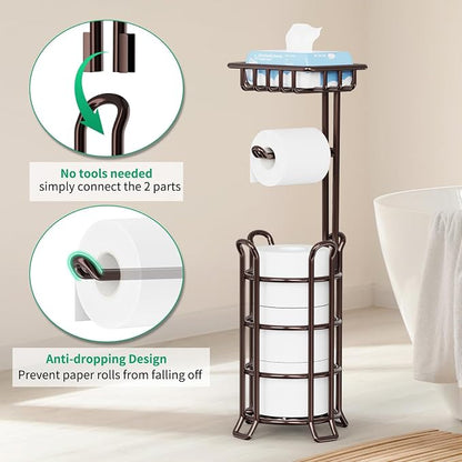 TomCare Toilet Paper Holder Upgraded Toilet Paper Stand with 4 Raised Feet Metal Free Standing Tissue Paper Roll Dispenser with Storage Shelf Sturdy Bathroom Accessories (Bronze)