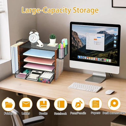 Wood Desk Organizers and Accessories with File Organizer, 5-Tier Paper Organizer with Drawer & Pen Holder, Office Desk Accessories, Workspace Desktop Storage for Office Supplies Organization（Brown）