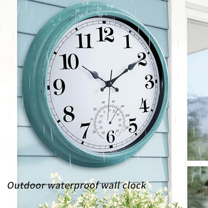16 Inch Large Outdoor Clock, Retro Waterproof Indoor/Outdoor Clock Non-Ticking Clock with Thermometer, Battery Operated Wall Clock for Patio, Garden, Pool - Green