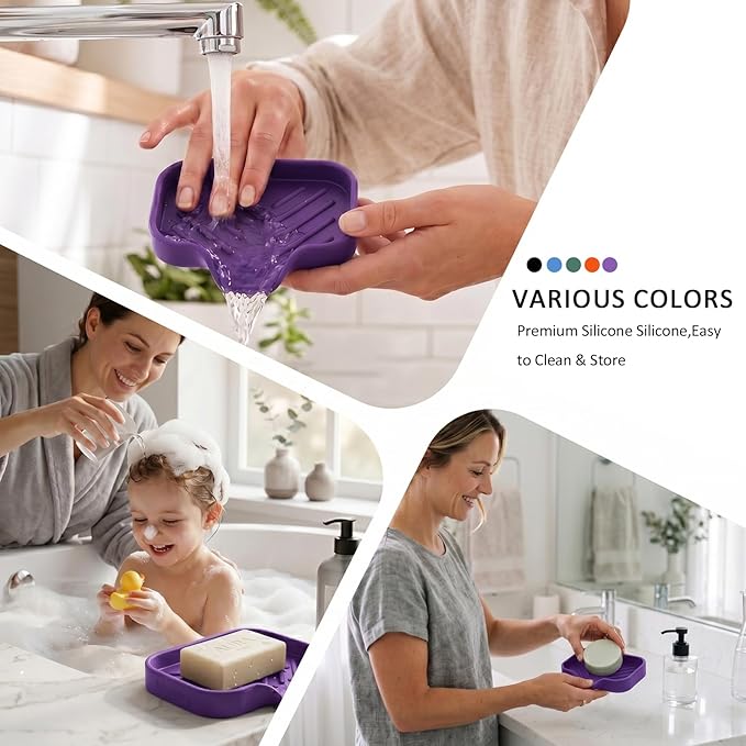 MicoYang Silicone Soap Dish with Drain Spout, Self-Draining Sink Organizer Tray for Bathroom and Kitchen, Sponges, Dispensers and Soap Holder, Non-Slip and Dishwasher Safe, Purple (Compact, 4.9"×3.2")