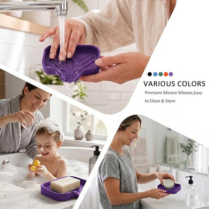 MicoYang Silicone Soap Dish with Drain Spout, Self-Draining Sink Organizer Tray for Bathroom and Kitchen, Sponges, Dispensers and Soap Holder, Non-Slip and Dishwasher Safe, Purple (Compact, 4.9"×3.2")