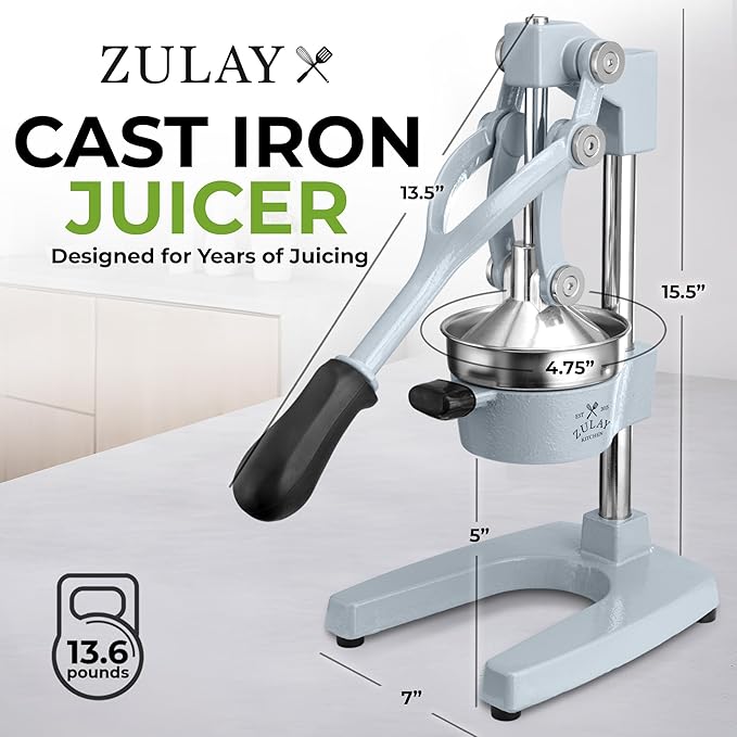 Zulay Kitchen Cast Iron Juicer - Heavy Duty Manual Juicer with Detachable Strainers for Easy Cleaning, Orange Juice Press for Citrus Fruits, Perfect for Bartenders, Juice Lovers & Health Enthusiasts