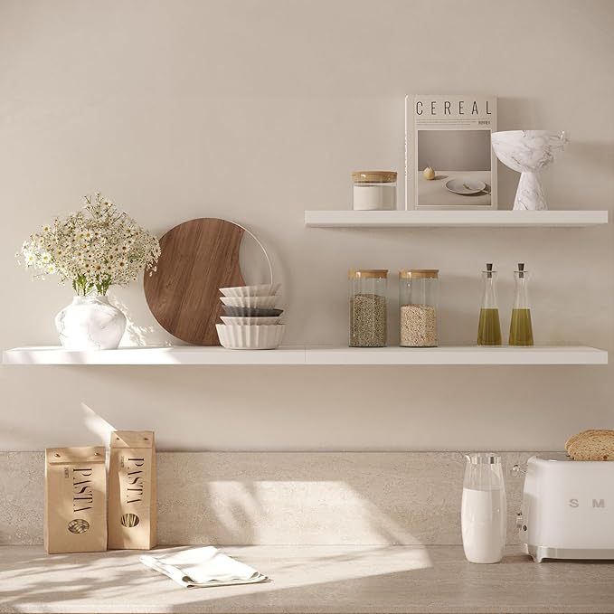 JPND Wall Shelf Set of 2, White Floating Shelves 30 in W x 10 in D x 1 in H, Wooden Floating Wall Shelf with Invisible Brackets for Living Room/Bedroom/Bathroom/Kitchen Storage and Decor