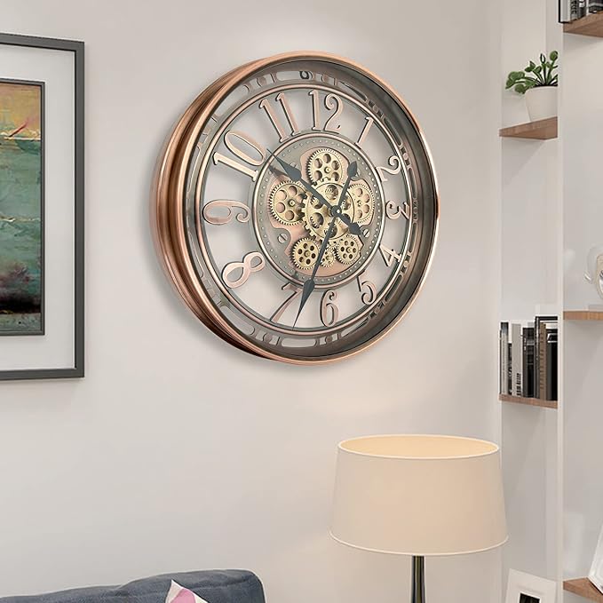 DORBOKER Real Moving Gears Wall Clock Large Modern Clocks for Living Room Decor, Industrial Steampunk Unique Vintage Rustic Decorative Clock for Home Farmhouse Office, 28 Inch,Red Copper Arabic