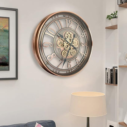 DORBOKER Real Moving Gears Wall Clock Large Modern Clocks for Living Room Decor, Industrial Steampunk Unique Vintage Rustic Decorative Clock for Home Farmhouse Office, 28 Inch,Red Copper Arabic