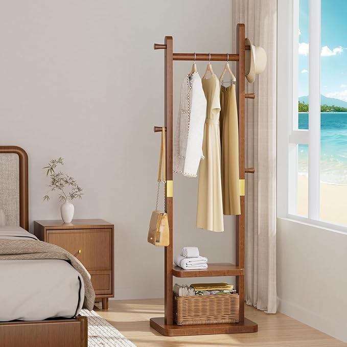 Coat Rack Freestanding Clothing Rack with 2 Shelves Storage & 5 Hooks Heavy Duty Clothes Rack Wood Coat Tree Stand Hat Hanger Rack (Walnut Brown, 18.9" x 11.8" x 70" (No Wheels))