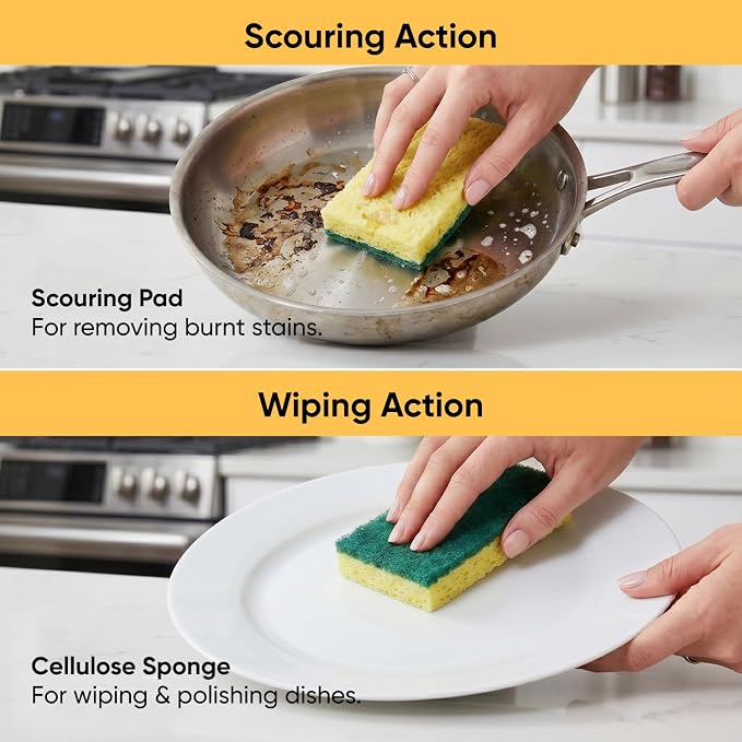 Scrubee Heavy Duty Scrub Sponge with Scouring Pad, Kitchen Dishwashing, Sink, Pot, and Frying Pan Cellulose Scrubber Sponge Non-Scratch, by Superio, 2-Pack (4.5" Sponge)