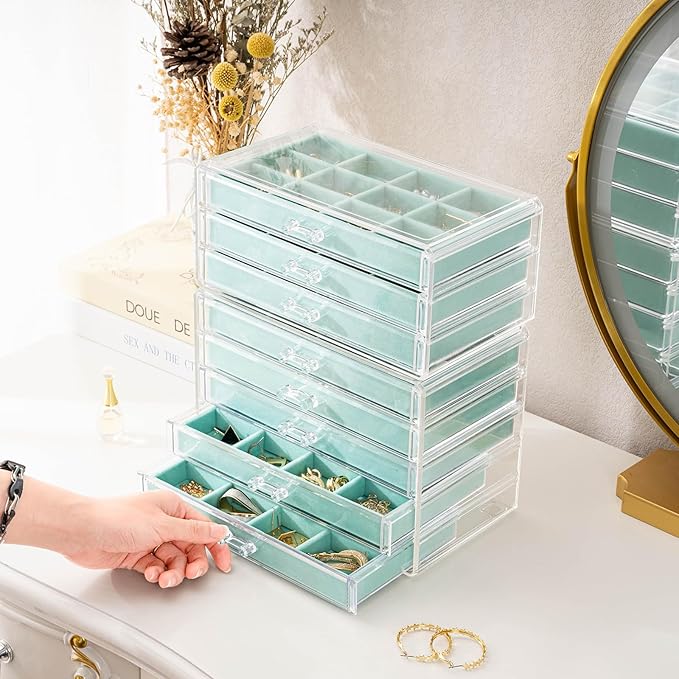 ProCase Earring Holder Organizer Jewelry Box with 8 Drawers, Acrylic Clear Earring Case with Adjustable Velvet Trays for Women - Aqua, 8 Layers