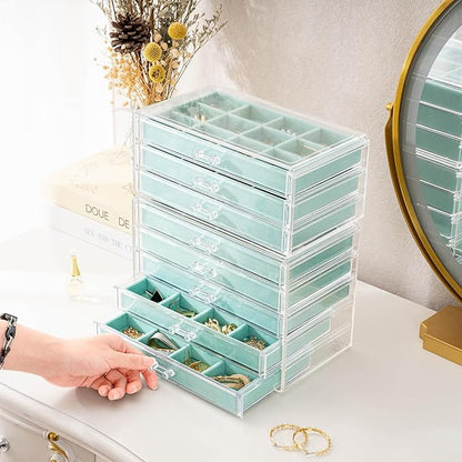 ProCase Earring Holder Organizer Jewelry Box with 8 Drawers, Acrylic Clear Earring Case with Adjustable Velvet Trays for Women - Aqua, 8 Layers