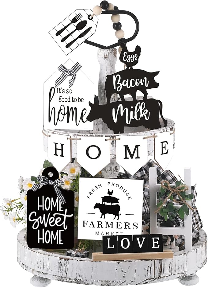 Set of 11 Home Tiered Tray Decor Spring Welcome Rustic Farmhouse Tiered Tray Decorations Set Home Wooden Signs Vintage Farm Animal Farmhouse Tabletop Wood Sign for Kitchen Table Shelf Decor