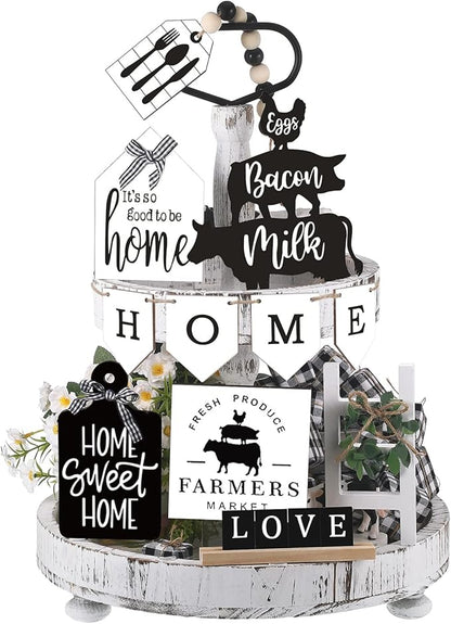 Set of 11 Home Tiered Tray Decor Spring Welcome Rustic Farmhouse Tiered Tray Decorations Set Home Wooden Signs Vintage Farm Animal Farmhouse Tabletop Wood Sign for Kitchen Table Shelf Decor