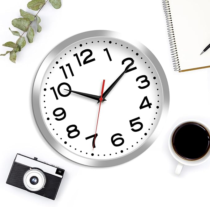 Roymnie Wall Clock Silent Non-Ticking Modern Clock Battery Operated 10 Inch Small Classic Analog Decorative for Kitchen, Bathroom, Office, Bedroom, Home(Silver)