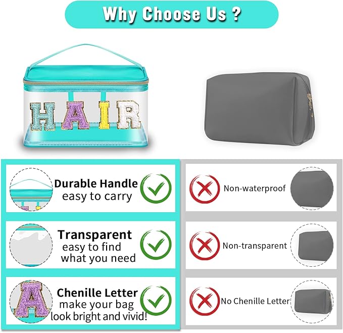 Chenille Letter Clear Makeup Bags Hair Pouch, Preppy Patch Makeup Bag Zipper with Handle, Transparent PVC & Nylon Waterproof Glitter Cosmetic Handbag Travel Toiletry Storage for Women Girl(HAIR-Green)