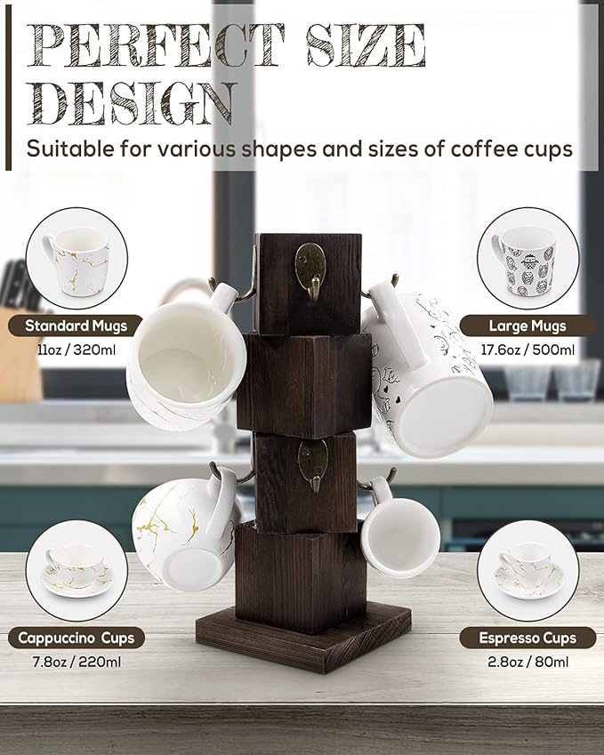 PUERSI Coffee Mug Holder for Counter, Rustic Solid Wood Mug Tree, Farmhouse Wooden Coffee Cup Rack with 8 Hooks (Rustic Brown)