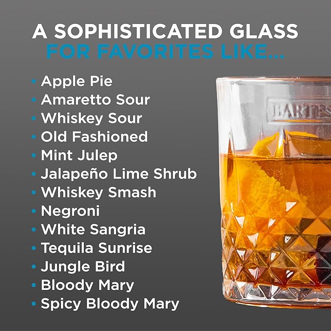 Bartesian Diamond Etched Lowball Glasses - 10.5 Oz Short Low Ball Glass Set for Cocktails & Mocktails - Classy Home Bar Glassware for Bourbon, Whiskey Sour, Old Fashioned, Mint Julep - Set of 2